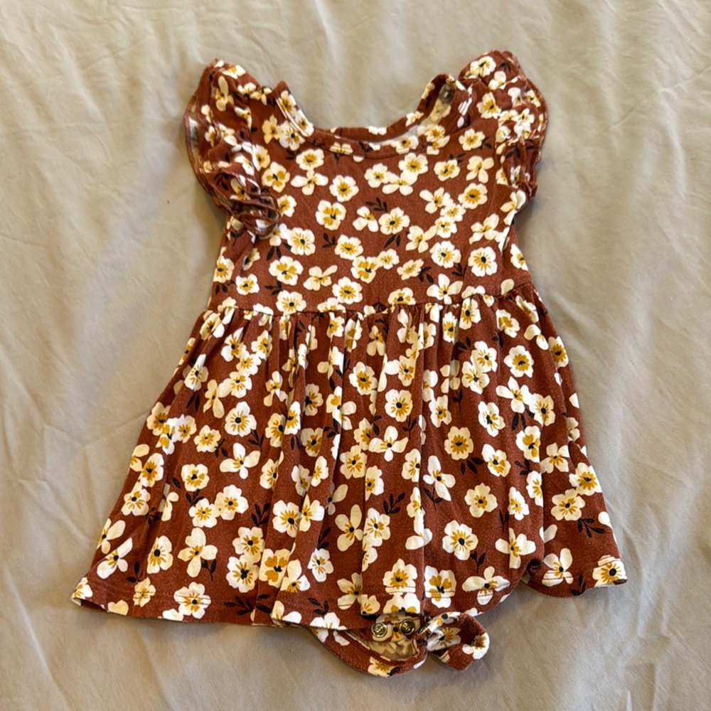 Little Sleepies Floral Brown Dress with Puff Sleeves